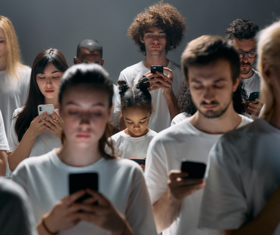 People sitting alone with phones